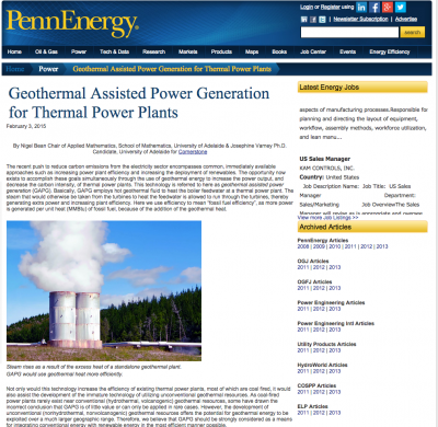 Article on geothermal use in thermal power plants