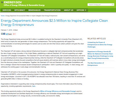 U.S. DOE announces Cleantech University prize for student entrepreneurs